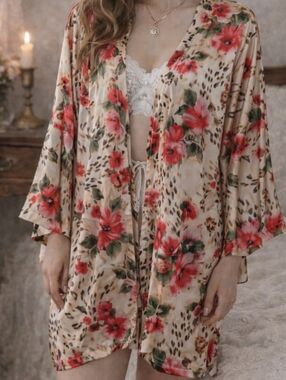 Secret Treasures Satin Kimono Robe XL Floral Leopard Print Lace Trim Silky